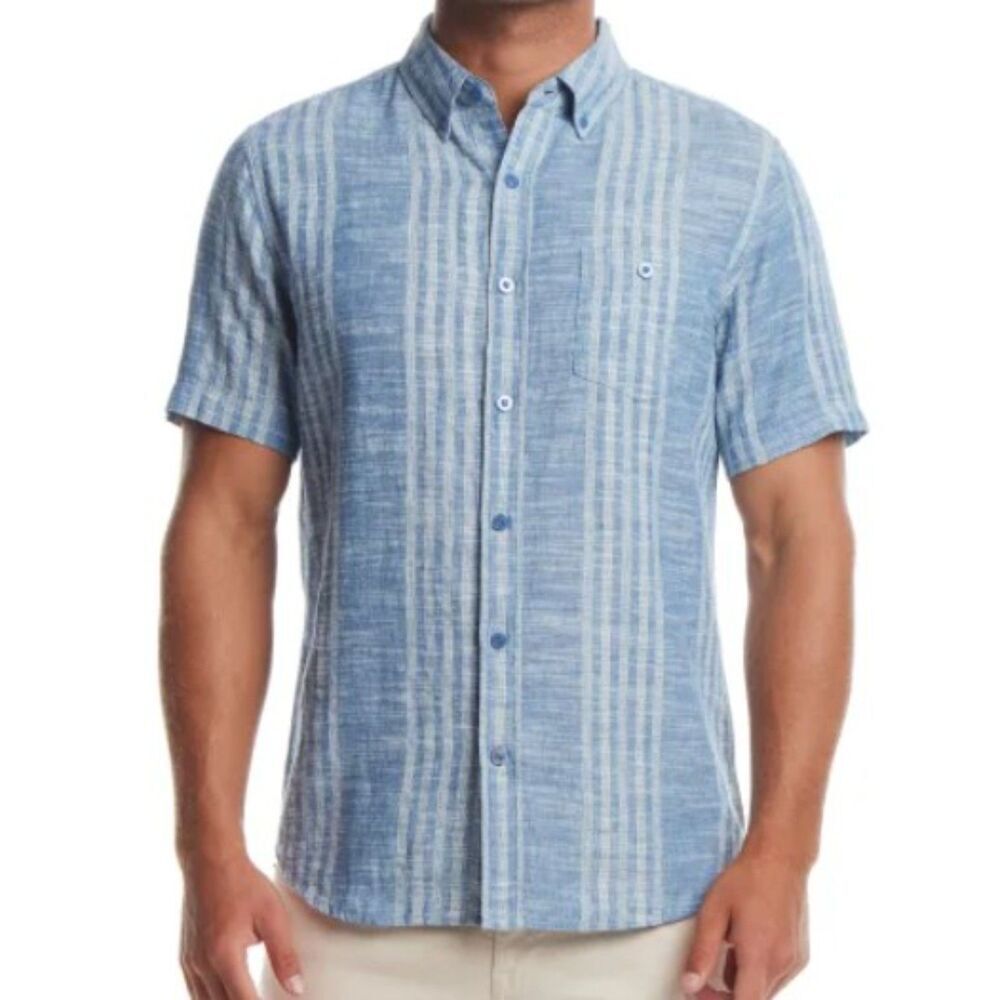 WEATHERPROOF VINTAGE Linen Blend Woven Shirt Mens L Blue Stripe Short Sleeve NWT